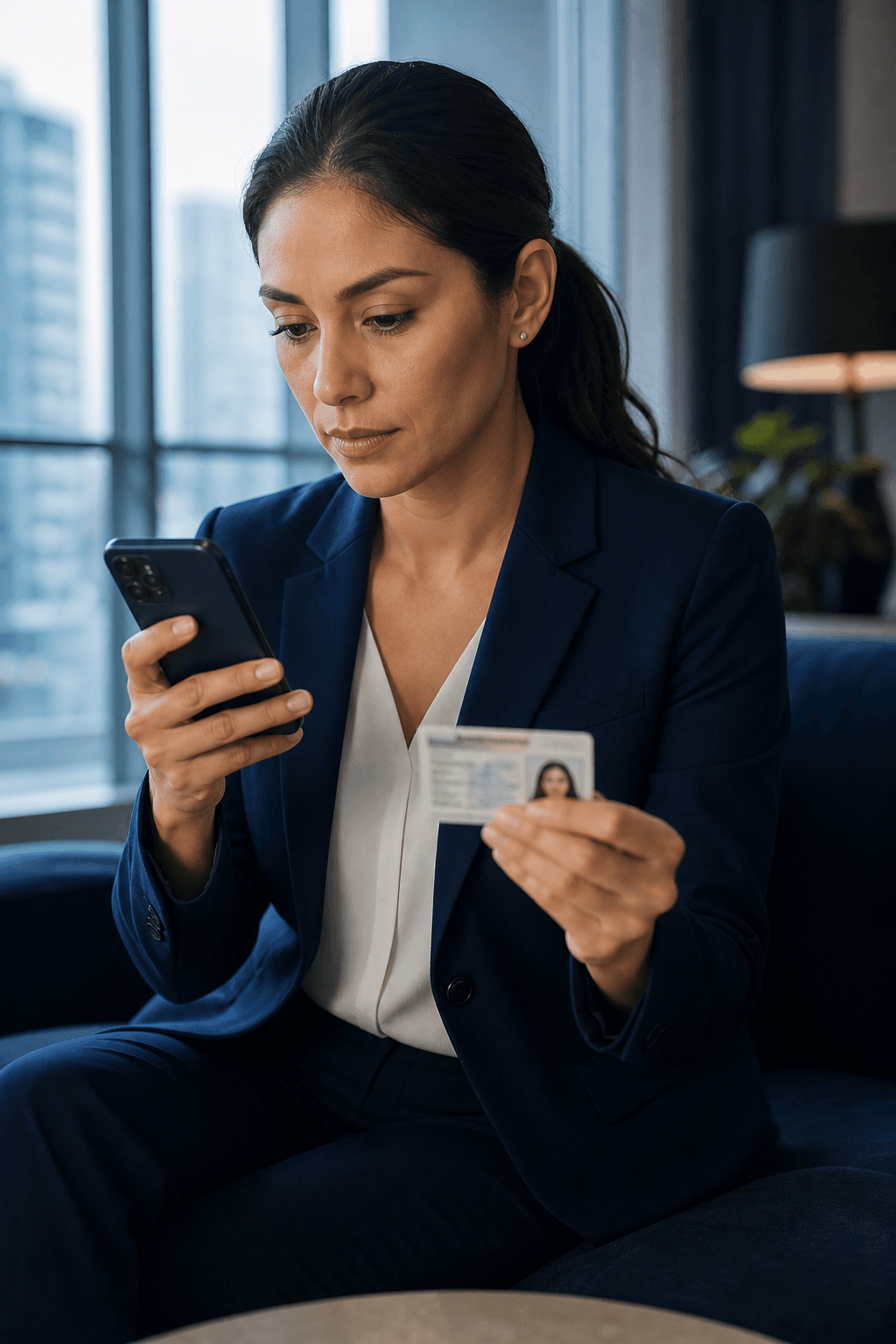 Persona verificando su identidad con un documento y un teléfono